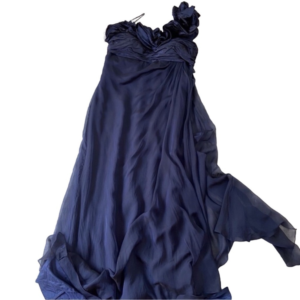 Silk maxi cocktail dress Rickie Freeman Teri Jon blue one shoulder woven size 12